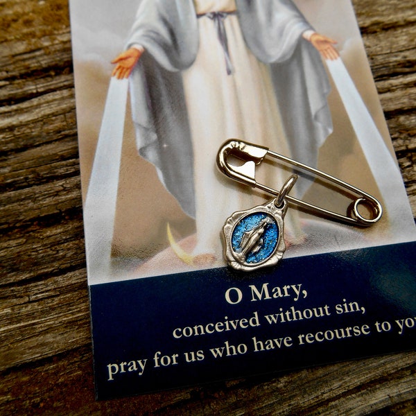TINY Miraculous Medal Safety Pin, Happy Marriage Protection Pin, Undergarment Pin, Something Blue, Catholic Wedding, Blue Miraculous Medal