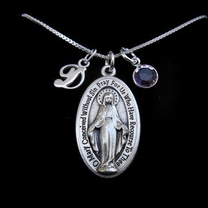 Virgin Mary Miraculous Medal, Sterling Box Chain Necklace, Virgin Mary Medallion, Religious, Confirmation, Cross, Miraculous Medal