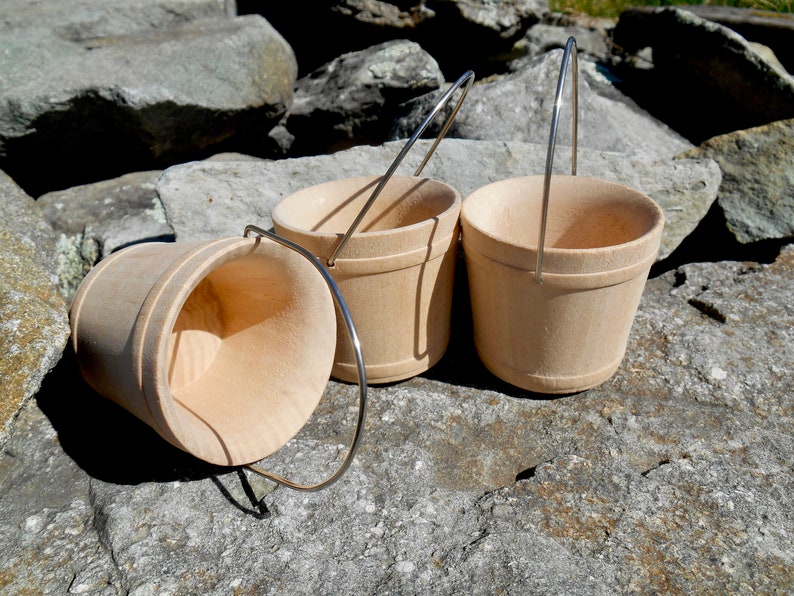 Miniature Wooden Buckets Set of 3, Small Wood Pails 2-1/16 Craft Wooden Bucket w / Wire Handle, Unfinished Craft Bucket, Miniature Bucket image 4