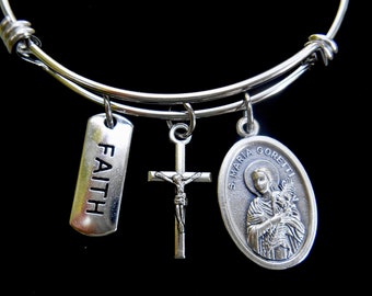 Saint Maria Goretti Bangle Bracelet- Stainless Steel- Crucifix -Faith Charm-Customizable-Patron Saint-Confirmation Jewelry-Catholic Teen