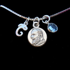 Saint St Padre Pio - Father Pio - Personalized Initial - Swarovski Crystal Birthstone - Patron Saint Necklace - Tiny Catholic Saint Medal