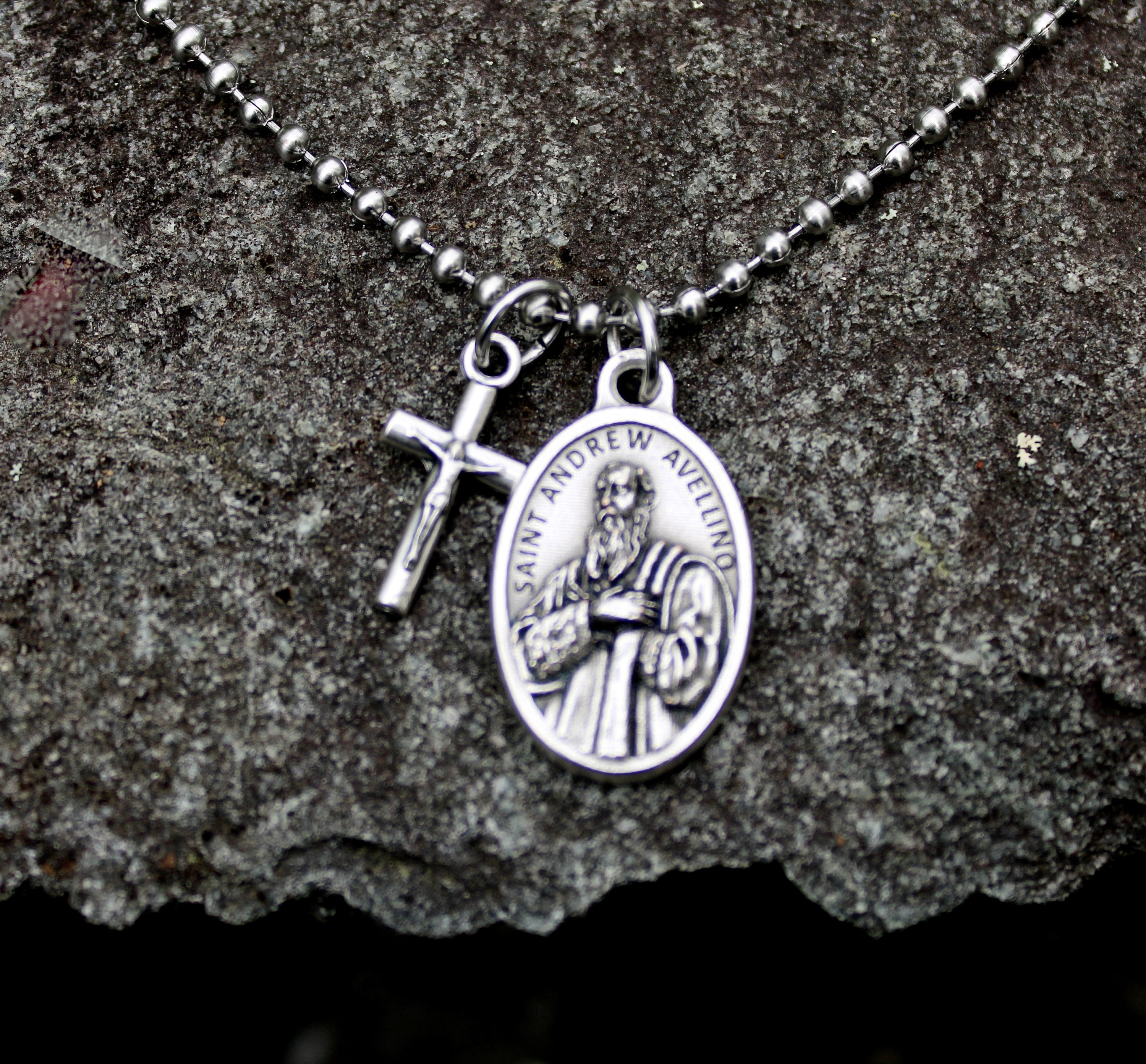 Saint Andrew Avellino Necklace, Catholic Mens/ Boys Cross