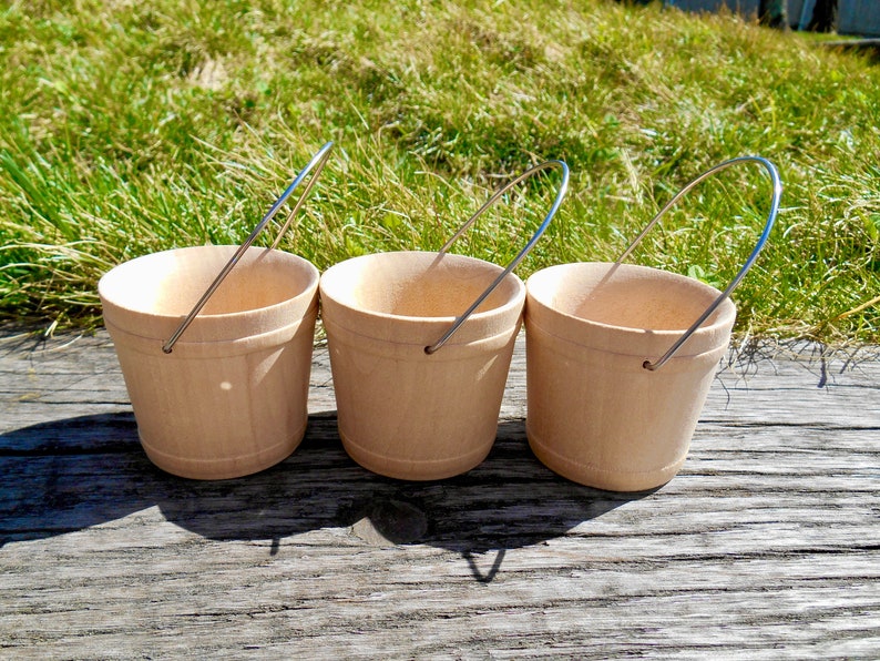 Miniature Wooden Buckets Set of 3, Small Wood Pails 2-1/16 Craft Wooden Bucket w / Wire Handle, Unfinished Craft Bucket, Miniature Bucket image 1