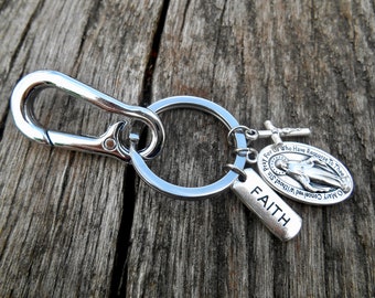 Miraculous Medal Key Chain- Key Clip- Faith Keychain, Saint Key Ring- Cross Key Chain- Protection Medal, New Driver, Carabiner, Catholic