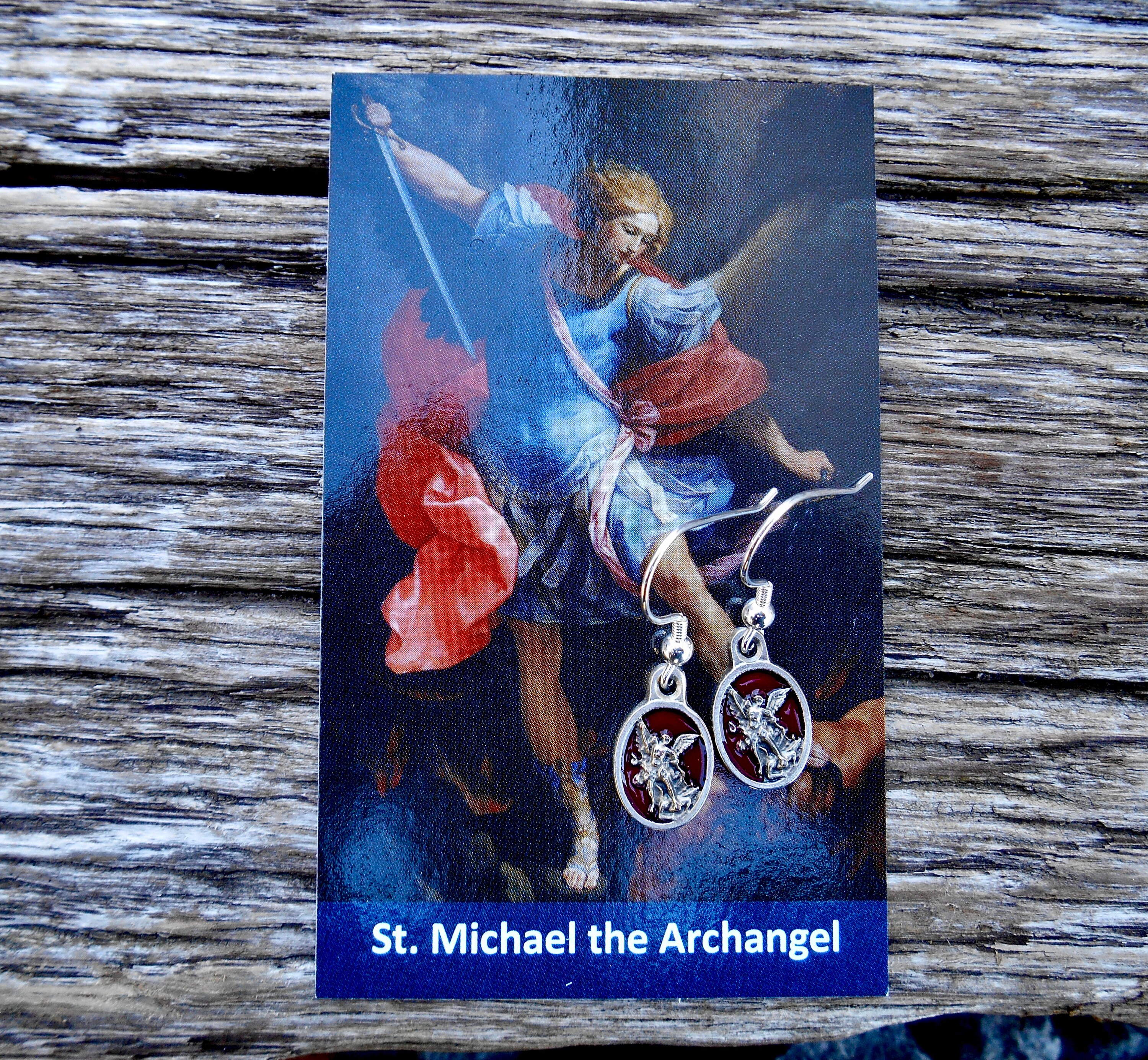 Saint St Michael Medal Earrings, 1/2 Inch Red Enamel St Michael, Saint Earrings, Sterling Silver fishhook, Confirmation Gift, Protection
