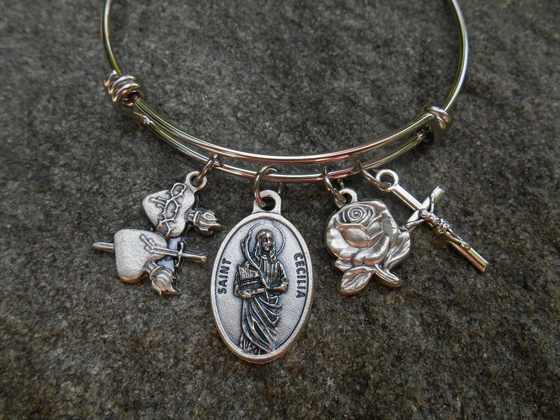 Crucifix Charm-Rose Charm-Pierced Heart-Patron Confirmation Stainless Steel Bangle Saint Bracelet Saint Cecilia Bangle First Communion