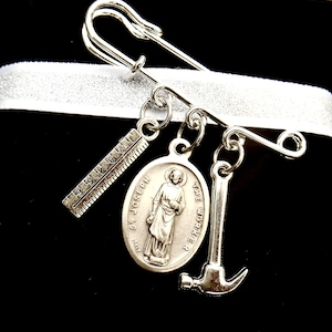 Saint Joseph the Worker Safety Pin Brooch- Patron Saint Fathers, Carpenters, Plumbers-Builders, Hammer Charm- Contractor Gift-