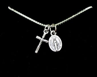 Tiny Silver Tone Miraculous Medal, Virgin Mary Miraculous Medal, 925 Sterling Silver Box Chain, Virgin Mary Medallion, Tiny  Crucifix