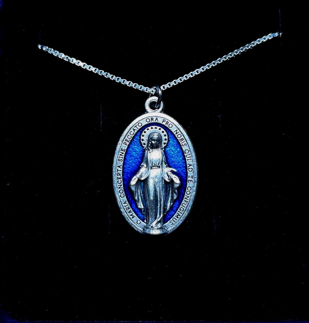 Gorgeous Blue Enamel LATIN Miraculous Medal Necklace, Catholic Gift, 18 ...