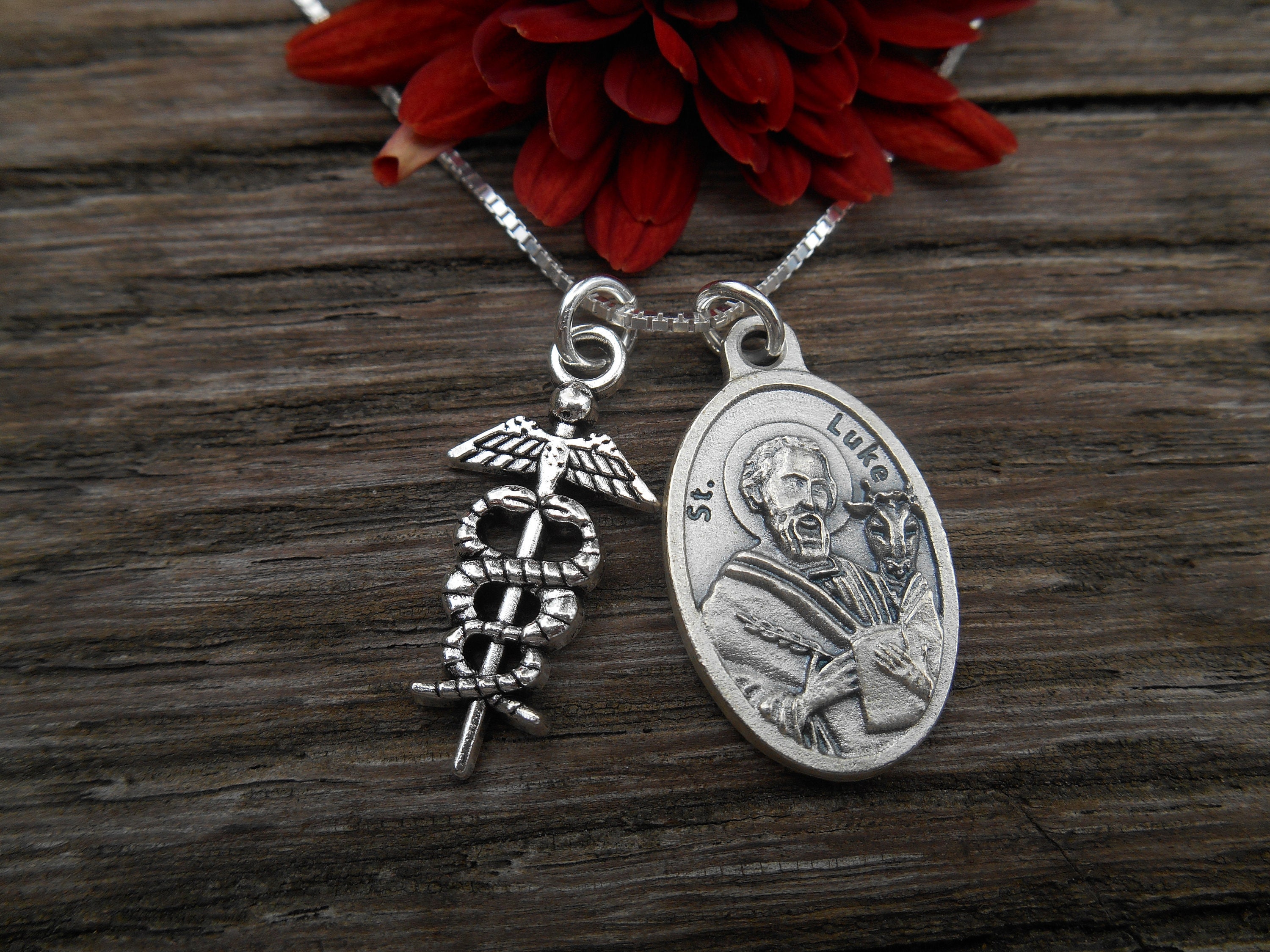 Saint St LUKE Necklace Caduceus Charm Physician Charm Etsy Canada