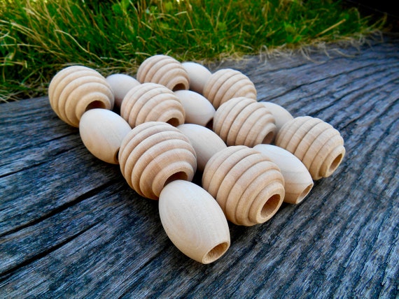 Chunky Lacing Beads, All Natural Unfinished Wood Beads, Large Wooden Beads,  Montessori Wood Lacing Beads, Bee Hive, Football Shaped Beads 