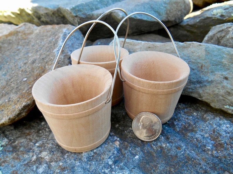 Miniature Wooden Buckets Set of 3, Small Wood Pails 2-1/16 Craft Wooden Bucket w / Wire Handle, Unfinished Craft Bucket, Miniature Bucket image 5