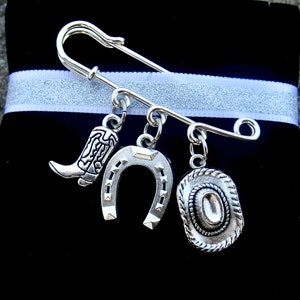 COWGIRL Safety Pin Brooch- South WESTERN Pin- Backpack Pin, Cowgirl Boots, Horse Shoe, Cowboy Hat Charm, Rodeo Gift, Line Dancing