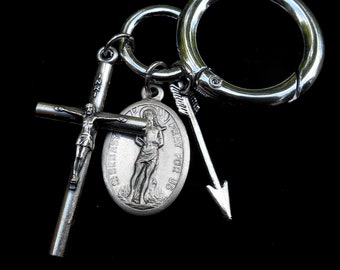 Saint Sebastian Key Chain- Key Clip- Saint Sebastian- Backpack/Purse Clip, Saint Key Ring- Cross Key Chain- Patron Archers- Carabiner