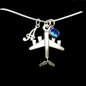 Aviation Charm Necklace, Sterling Silver Box Chain Necklace, Personalized Birthstone, Initial Charm, Pilot Charm, Airplane, Air Force Grad