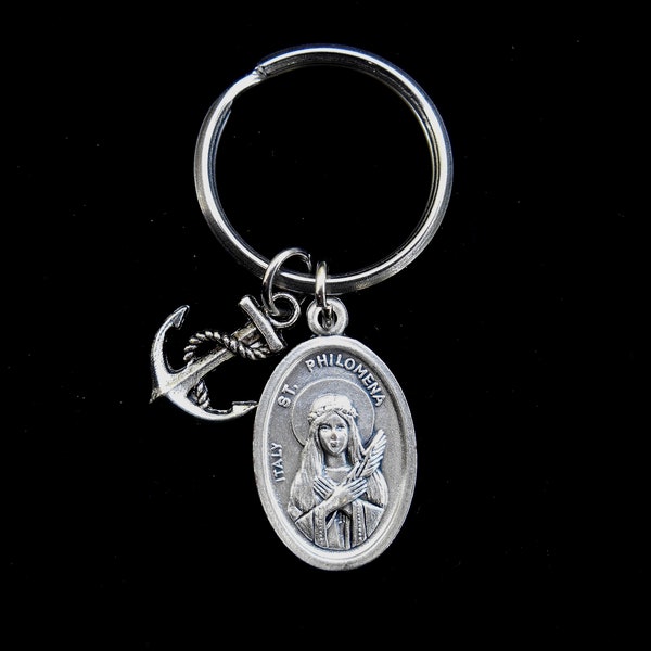 St Philomena Key Chain- Key Fob- Saint Filomena- Split ring Keychain, Anchor Charm- Patron Children-  New Driver Protection Medal, Splitring