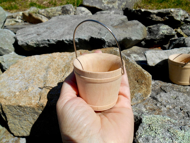 Miniature Wooden Buckets Set of 3, Small Wood Pails 2-1/16 Craft Wooden Bucket w / Wire Handle, Unfinished Craft Bucket, Miniature Bucket image 3