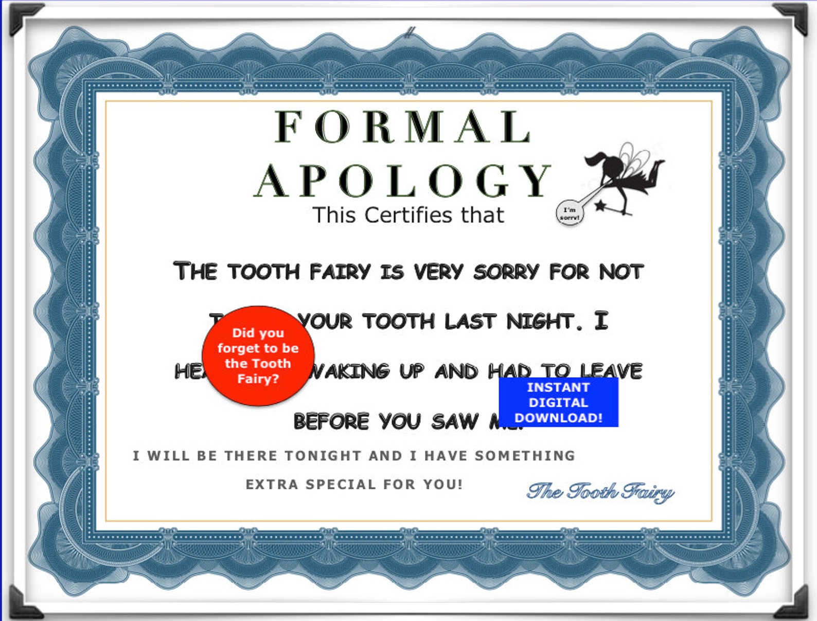 Tooth Fairy Apology, INSTANT DOWNLOAD, Forgot to be Tooth Fairy, Missed the...