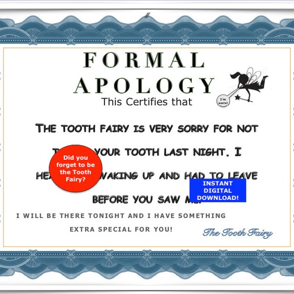Tooth Fairy Didn’t Come, Tooth Fairy Apology, INSTANT DOWNLOAD, Forgot to be Tooth Fairy, Missed the Toothfairy, Tooth fairy Letter