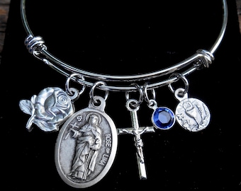Saint Rose of Lima Bracelet- Stainless Steel Bangle- Rose -Cross- Faith- Birthstone-Chalice Charm Patron Saint-Confirmation- First Communion