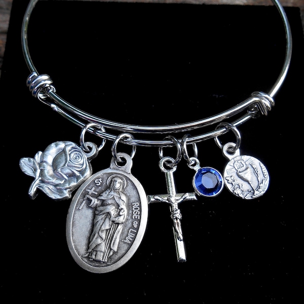 Saint Rose of Lima Bracelet- Stainless Steel Bangle- Rose -Cross- Faith- Birthstone-Chalice Charm Patron Saint-Confirmation- First Communion