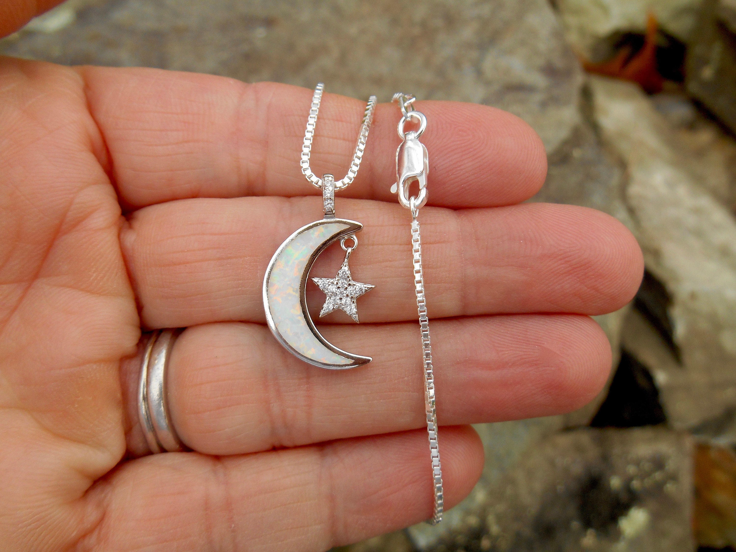 Moon and Star Necklace, Crescent Moon and Star, Sterling Moon and Star Necklace, Crescent Moon and Star, Sterling