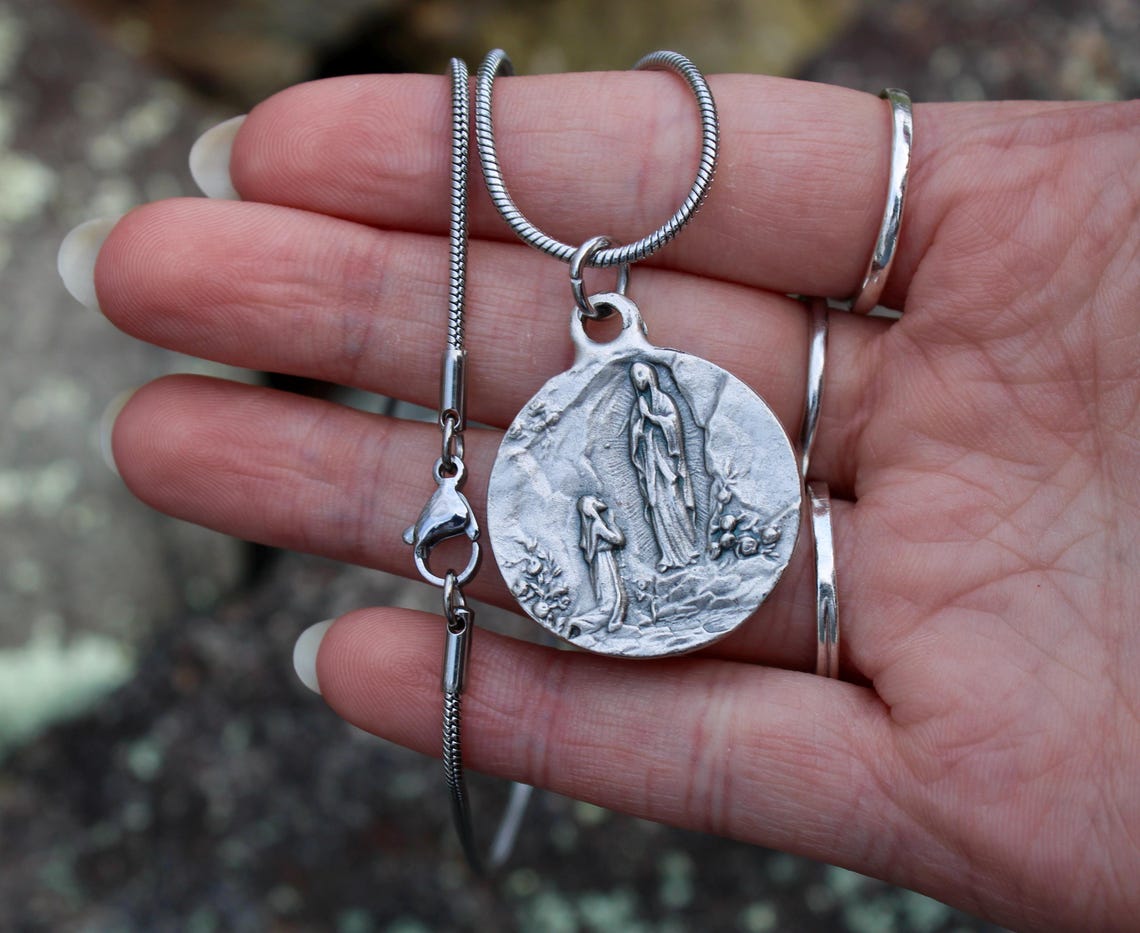 Our Lady of Lourdes, Virgin Mary Medal, Sterling Silver Box Chain, Mary ...