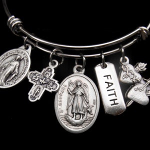 Pulsera de Saint Raphael- Brazalete de Acero Inoxidable- Faith Encanto- 4 Camino Cruz-Milagrosa Medalla-Sagrado Corazón-Confirmación- Comunión