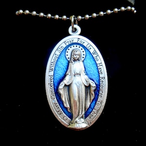 XL Blue Enamel Miraculous Medal, Miraculous Necklace, Catholic Gift, Our Lady Medal, Italian Medal, Giant Miraculous Medal 1 3/4 inch