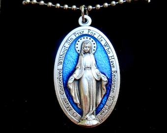 Médaille miraculeuse en émail bleu XL, collier miraculeux, cadeau catholique, médaille Notre-Dame, médaille italienne, médaille miraculeuse géante 1 3/4 pouce