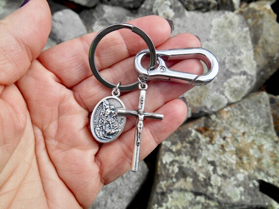 Silver Saint Michael Keychain - Red Enamel Catholic Key Ring, Confirmation Gift