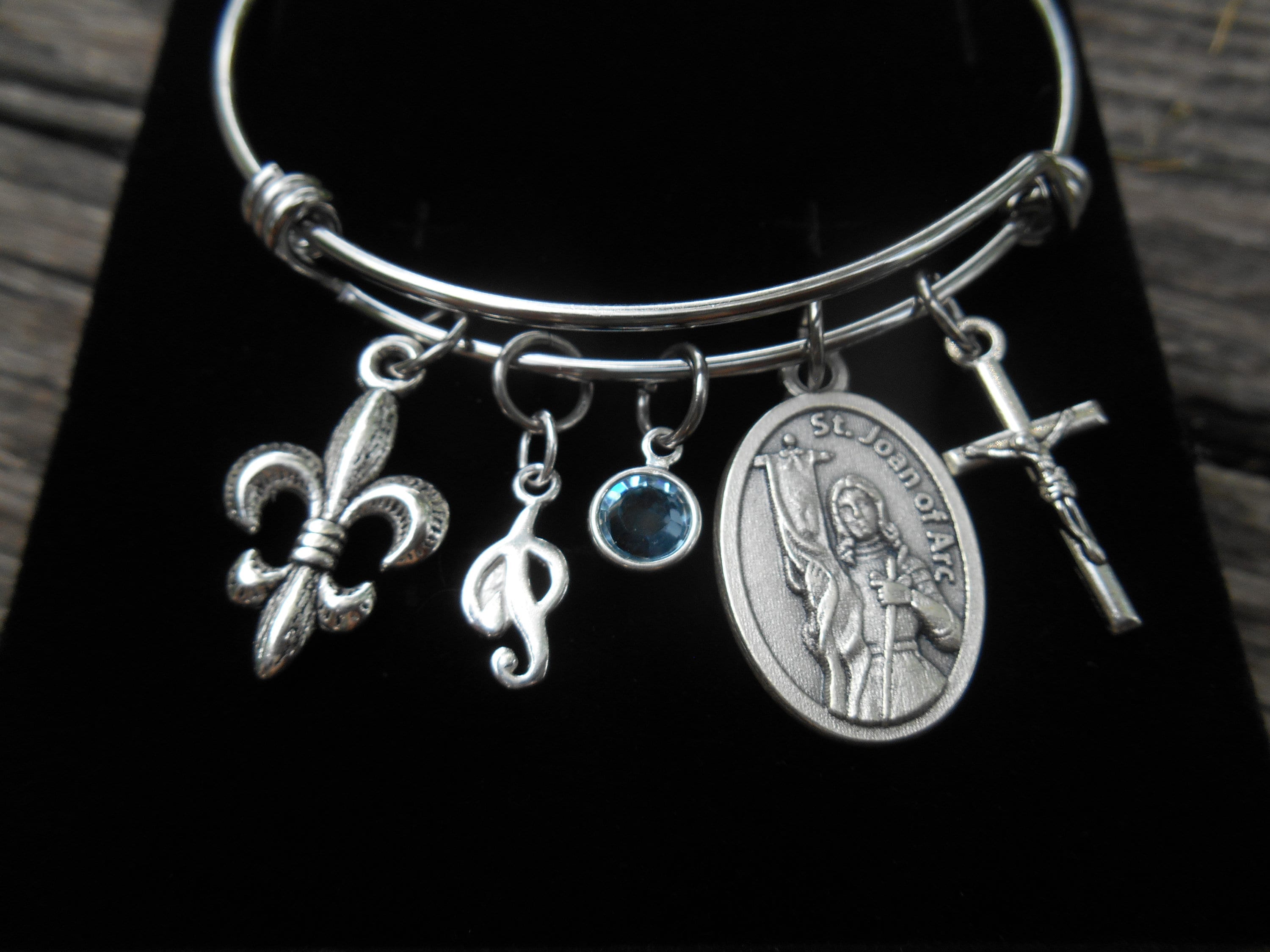 Crucifix Charm-Rose Charm-Pierced Heart-Patron Confirmation Stainless Steel Bangle Saint Bracelet Saint Cecilia Bangle First Communion