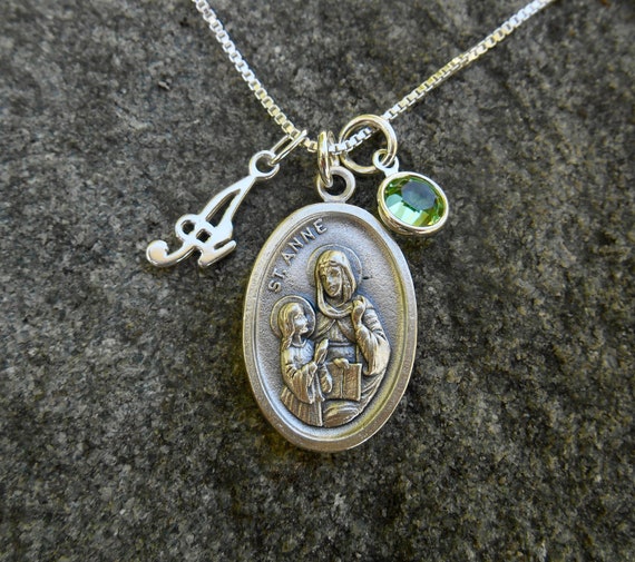 Saint St ANNE Saint Ann Personalized Initial Swarovski Crystal Birthstone Patron Saint Necklace Catholic Custom Saint Sterling Etsy