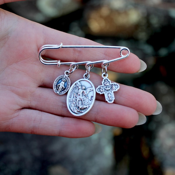 Saint Michael Safety Pin Brooch-Patron Saint Guardian Angel- Patron Firemen-Military Police- Security Guards- The Sick- Protection Pin