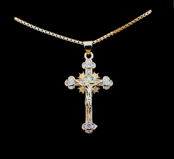 18K Gold Plated Brass Micro Pave Crucifix Pendant, Gold Plated Sterling Silver Box Chain, Gold Cross, Sacrament Gift