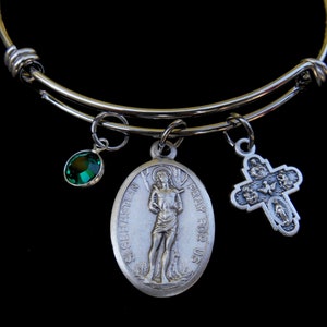 ST. Sebastian Bracelet- Adjustable Bangle Bracelet-Ladies Catholic - Saint Sebastian- Patron Athletes and Archers-  Birthstone- 4-Way Cross