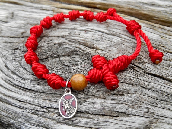 Knotted Rosary Bracelet, Red Cord Rosary, St Michael Pocket Rosary