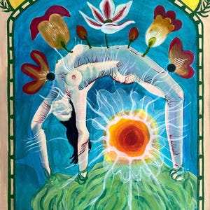 May include: A painting of a woman contorted in a yoga pose, with her body arched backwards. She is surrounded by flowers and a bright orange sun. The background is a vibrant blue.