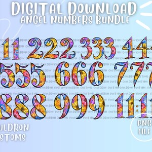以下が含まれることがあります： デジタルダウンロードのエンジェルナンバーバンドル。111、222、333、444、555、666、777、888、999、1111の数字が表示されています。各数字は、さまざまな色の花柄で埋められています。「CAULDRON CUSTOMS」の文字が下にあります。