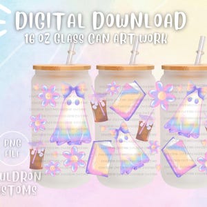 Ghostie Bow Books & Coffee 16 oz Glass Can Artwork PNG File | Digital Art | Printable | Sublimation | Tumbler | Pastel | Rainbow | Spring