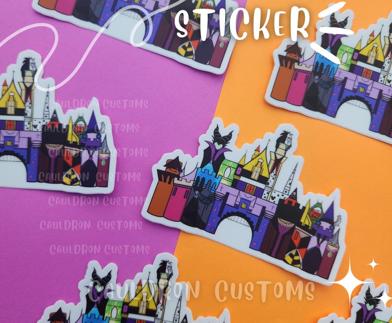Puede incluir: Una pegatina con una ilustraci&oacute;n colorida de un castillo con m&uacute;ltiples torres. El castillo est&aacute; decorado con acentos morados, rosas, verdes, amarillos y azules. La pegatina tiene el texto "Cauldron Customs" impreso en ella.
