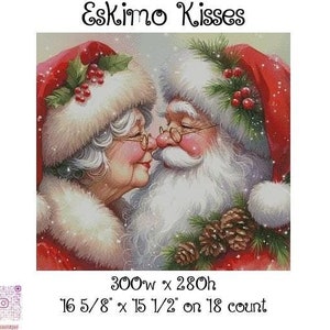 Peut inclure: Un modèle de point de croix représentant un couple de Père Noël en train de s'embrasser. Le modèle est intitulé "Eskimo Kisses" et mesure 300 points de large sur 280 points de haut. Le modèle est conçu pour être brodé sur une toile Aida de 18 fils, ce qui donne une taille finie de 16 5/8 pouces par 15 1/2 pouces.