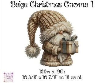 Beige Christmas Gnome 1 cross stitch pattern ~ original artwork by Kairen Lilley