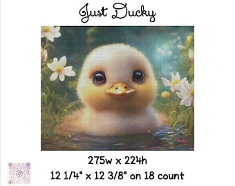 Puede incluir: Patrón de punto de cruz para un lindo patito de dibujos animados con flores blancas. El patrón está diseñado por BDL xxxStitch y se llama "Just Ducky". El patrón tiene 275 puntos de ancho por 224 puntos de alto y está diseñado para ser cosido en tela Aida de 18 hilos.