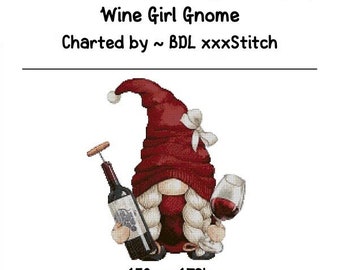Red Wine Girl Gnome ~ cross stitch pattern