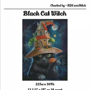 Black Cat Witch ~ Cross Stitch Pattern, original artwork by Ukrainian artist Lorri Kajenna