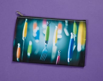 Make-up pouch, case, cosmetic kit, chest pencils, food, photo, funny, makeup bag, black, turquoise, fork, utensils