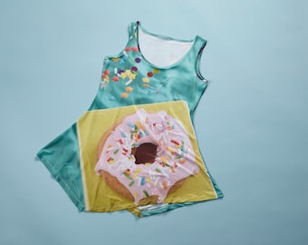 IN STOCK- ADULTE tunic, clothing, fabric, food image, photo, kitchen, funny, humor, comedy, polyester, donut, donut, dessert, foodie