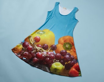 IN STOCK- Adult dress, clothing, fabric, food image, photo, kitchen, funny, humor, comic, blue, fruit, sea, ocean
