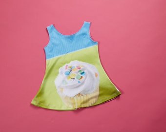 IN STOCK - Child dress, clothing, fabric, food image, photo, kitchen, funny, humor, comedy, polyester, pink, blue, green, cake, cupcake